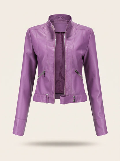 Women's Cropped Leather-Look Biker Jacket – Dark Purple – packshot