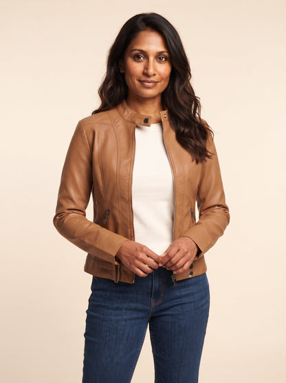 Women's Cropped Leather-Look Biker Jacket – Light Brown – on model