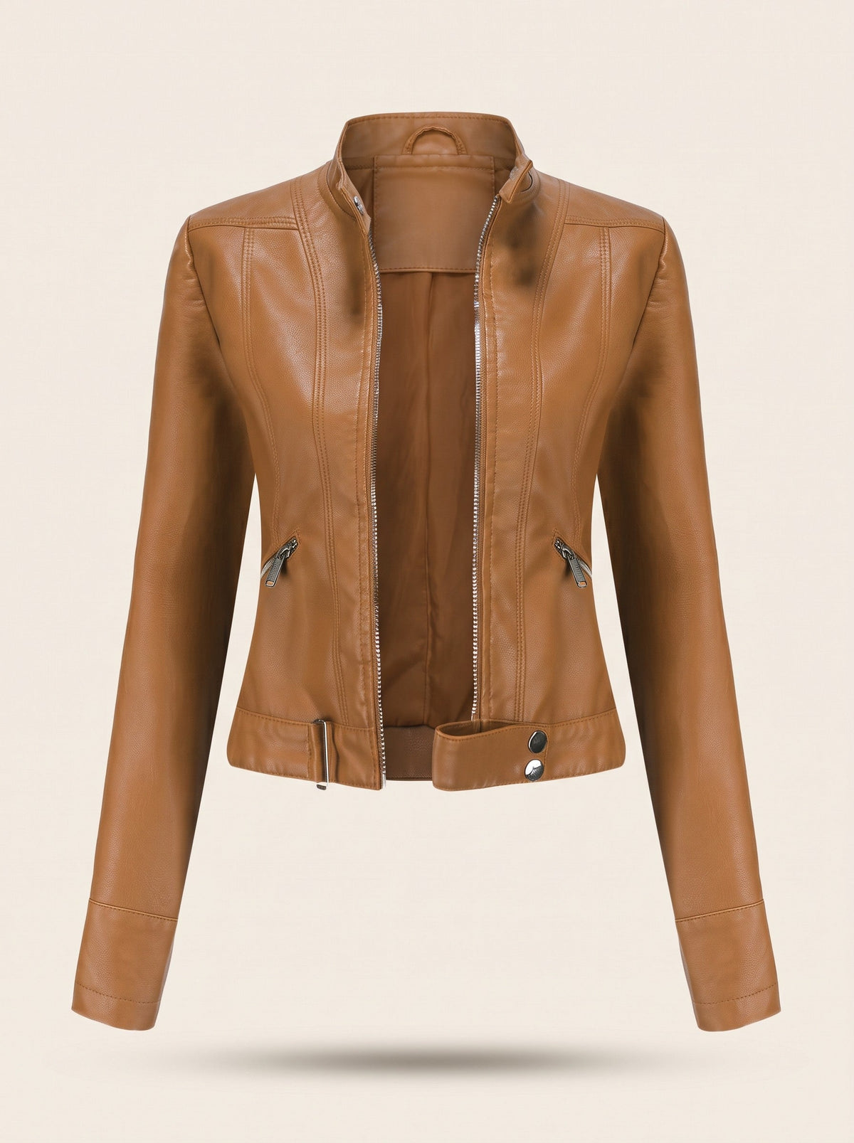 Women's Cropped Leather-Look Biker Jacket – Light Brown – packshot