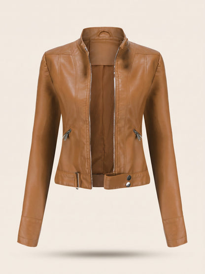 Women's Cropped Leather-Look Biker Jacket – Light Brown – packshot