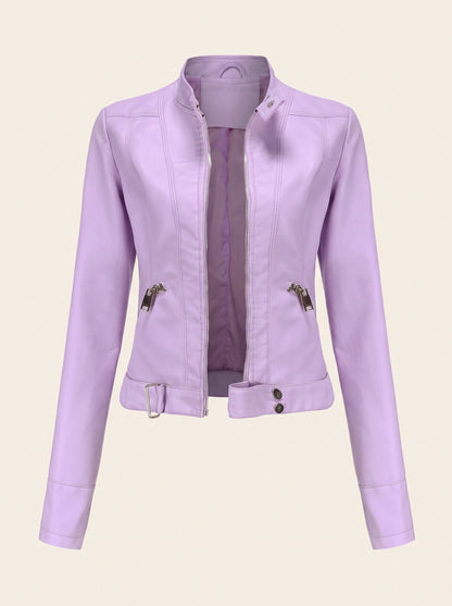 Women's Cropped Leather-Look Biker Jacket – Purple – packshot