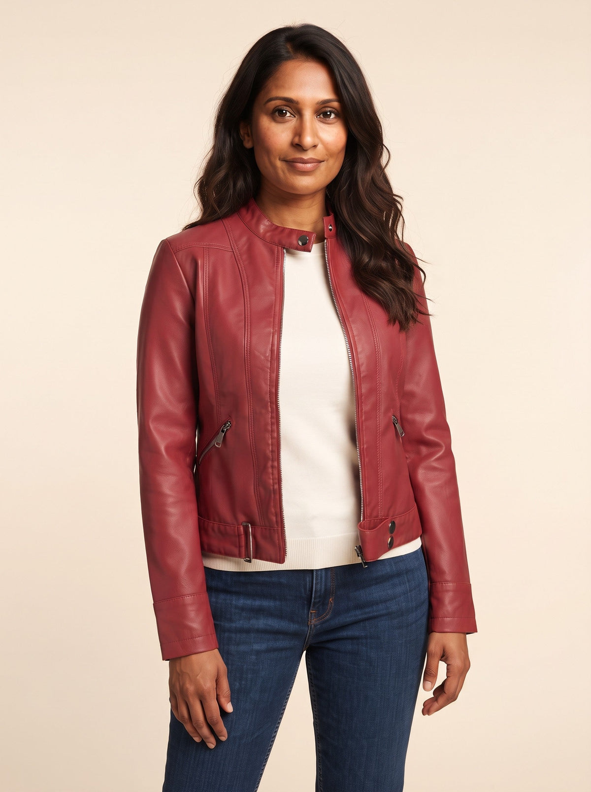 Women's Cropped Leather-Look Biker Jacket – Red – on model