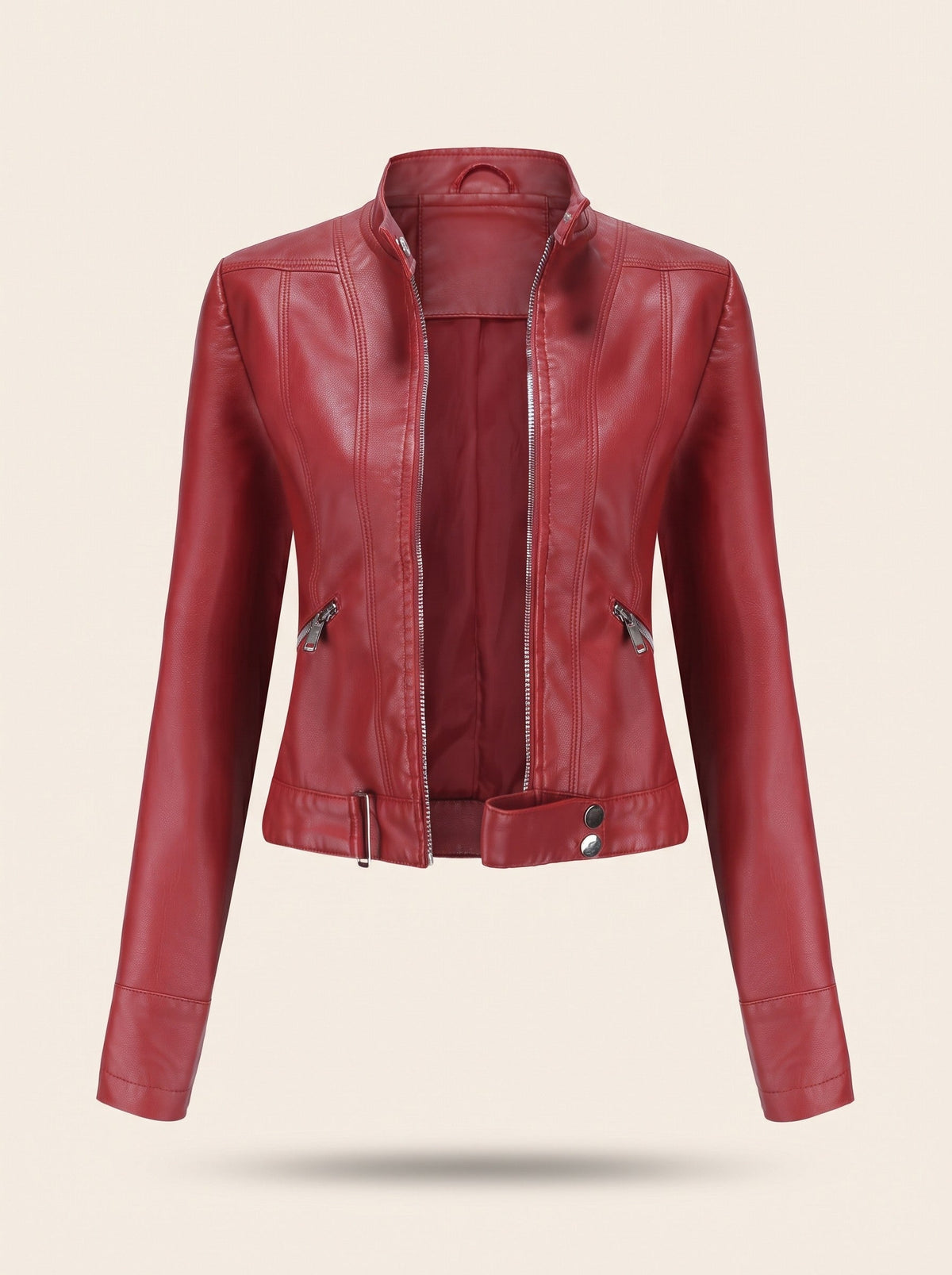 Women's Cropped Leather-Look Biker Jacket – Red – packshot