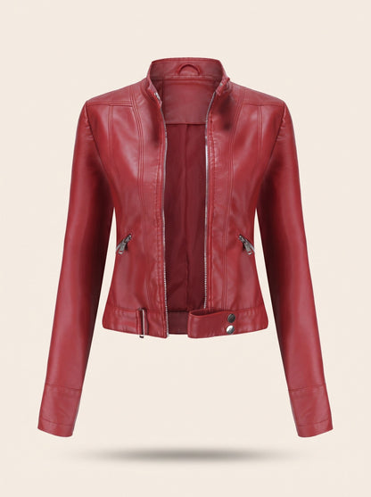 Women's Cropped Leather-Look Biker Jacket – Red – packshot