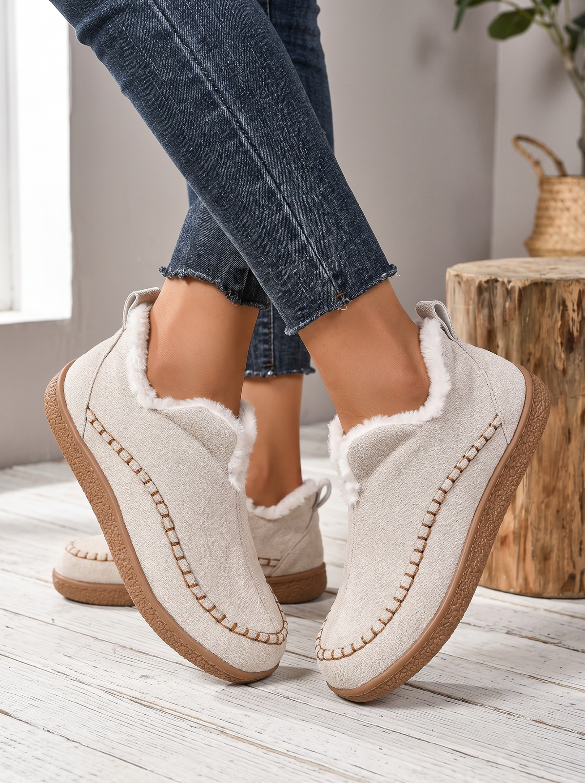 Women's Slip-On Ankle Boots – Beige – worn, on-foot view