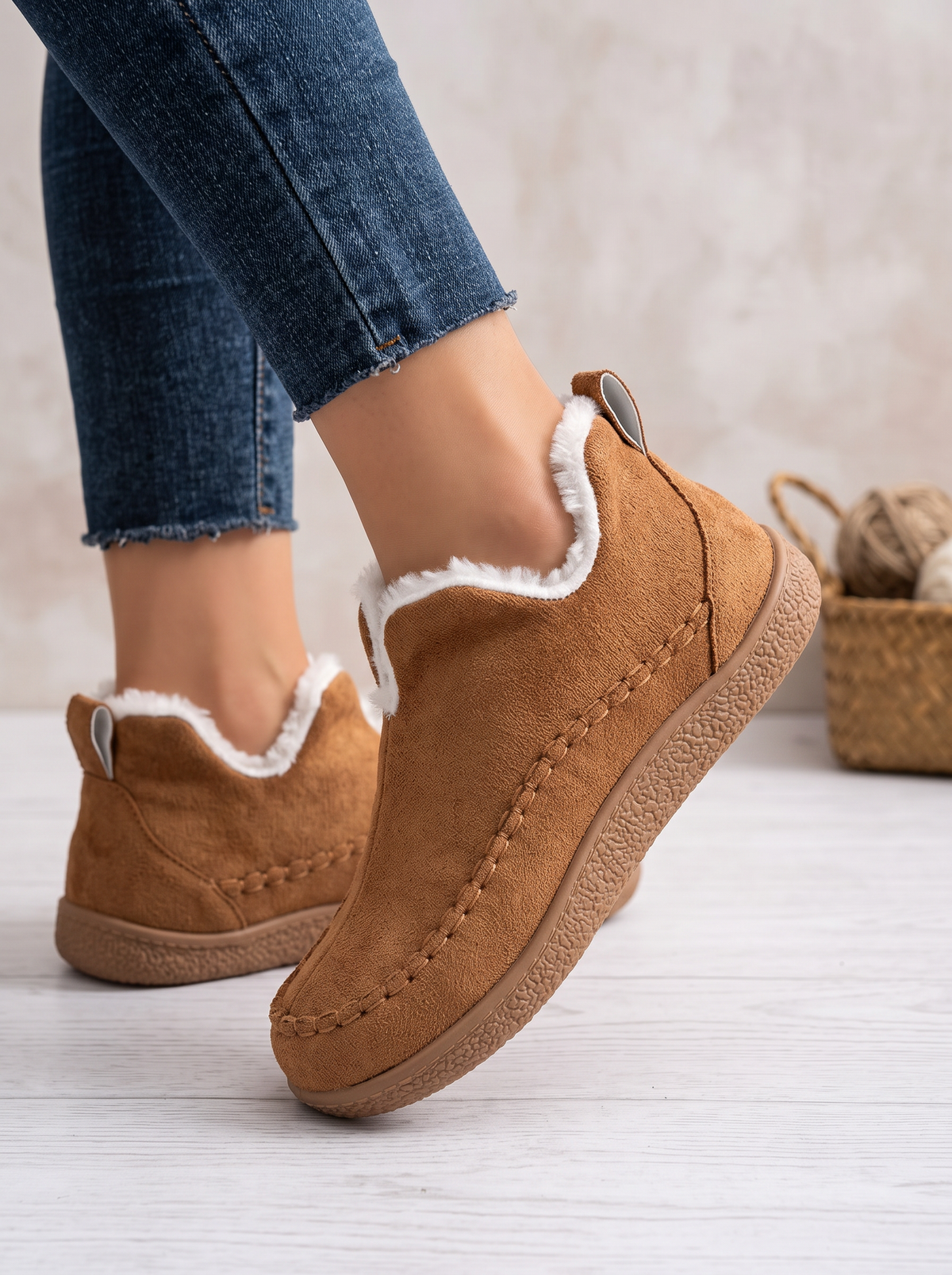 Women's Slip-On Ankle Boots – Brown – worn, on-foot view