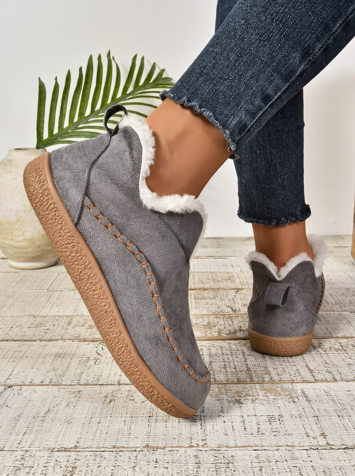 Women's Slip-On Ankle Boots – Grey – worn, on-foot view