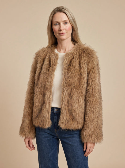 Women's Brown Faux Fur Jacket – Brown – on model