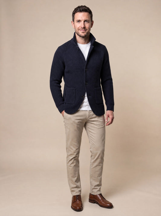 Men's Chunky Knit Cardigan Jacket – Navy Blue – on model