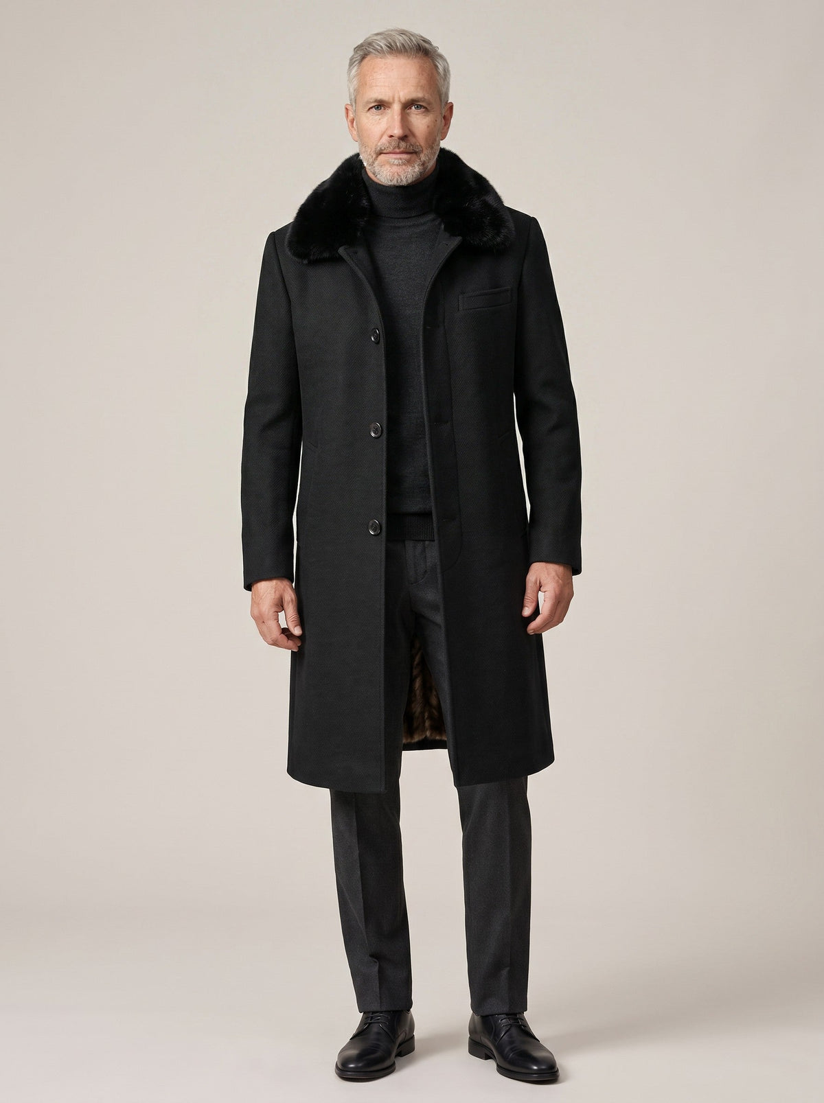 Men's Winter Coat with Faux Fur Collar – Black – worn, front view