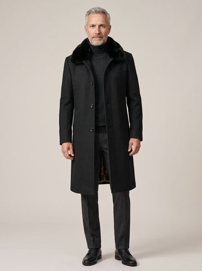 Men's Winter Coat with Faux Fur Collar – Black – worn, front view