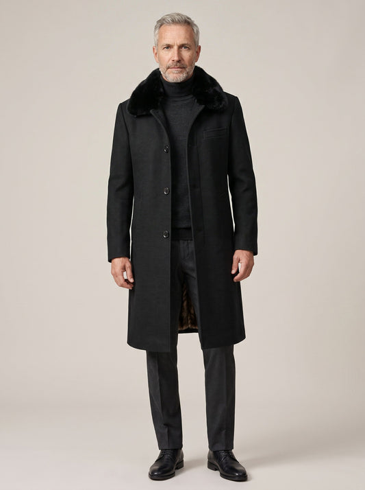 Men's Winter Coat with Faux Fur Collar – Black – worn, front view
