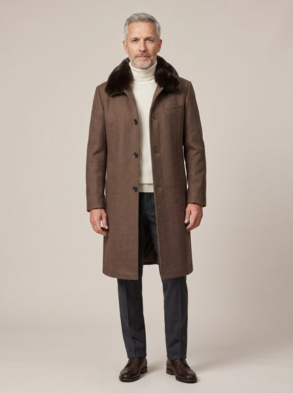 Men's Winter Coat with Faux Fur Collar – Coffee – worn, front view