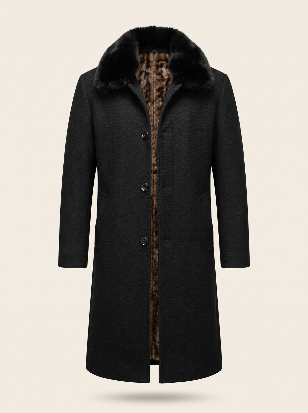 Men's Winter Coat with Faux Fur Collar – Black – front view on plain background