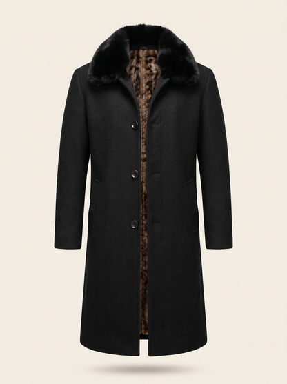 Men's Winter Coat with Faux Fur Collar – Black – front view on plain background