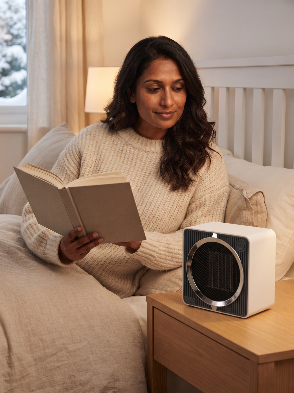 Compact Upright Fan Heater – White – bedside