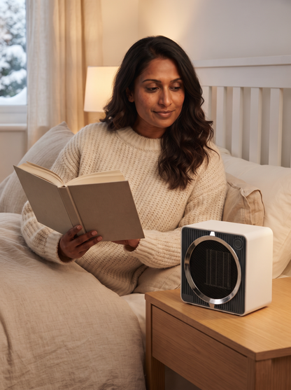 Compact Upright Fan Heater – White – bedside