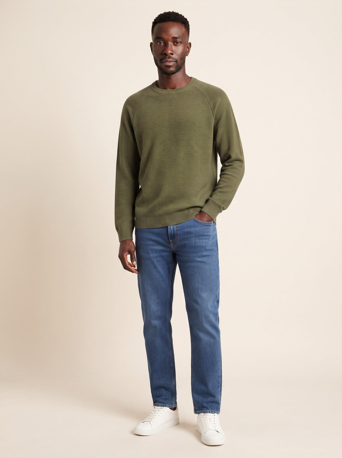 Men's Crew Neck Jumper – Army Green – on model