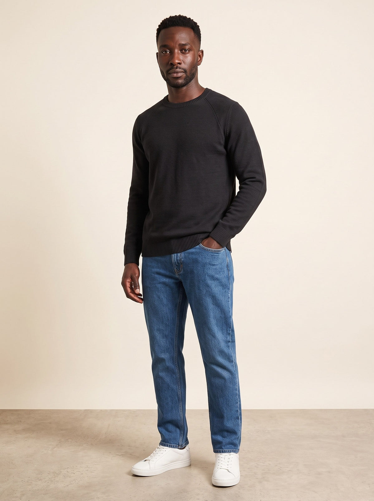 Men's Crew Neck Jumper – Black – on model