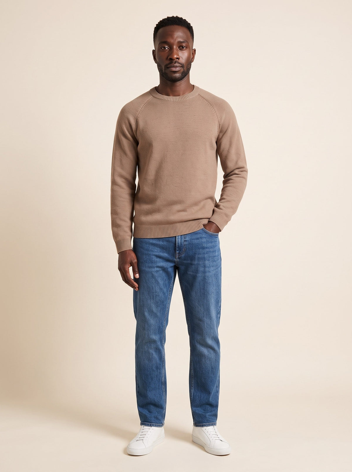 Men's Crew Neck Jumper – Brown – on model