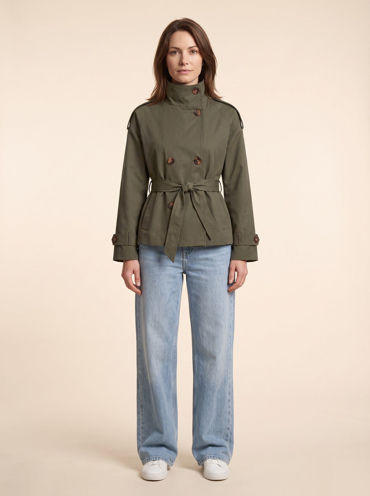Women's Cropped Trench Coat – Army Green – on model, front
