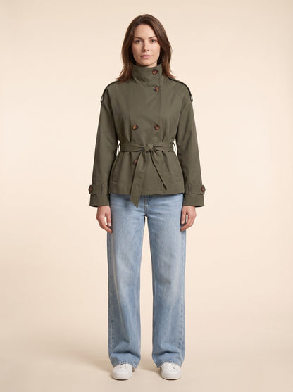 Women's Cropped Trench Coat – Army Green – on model, front