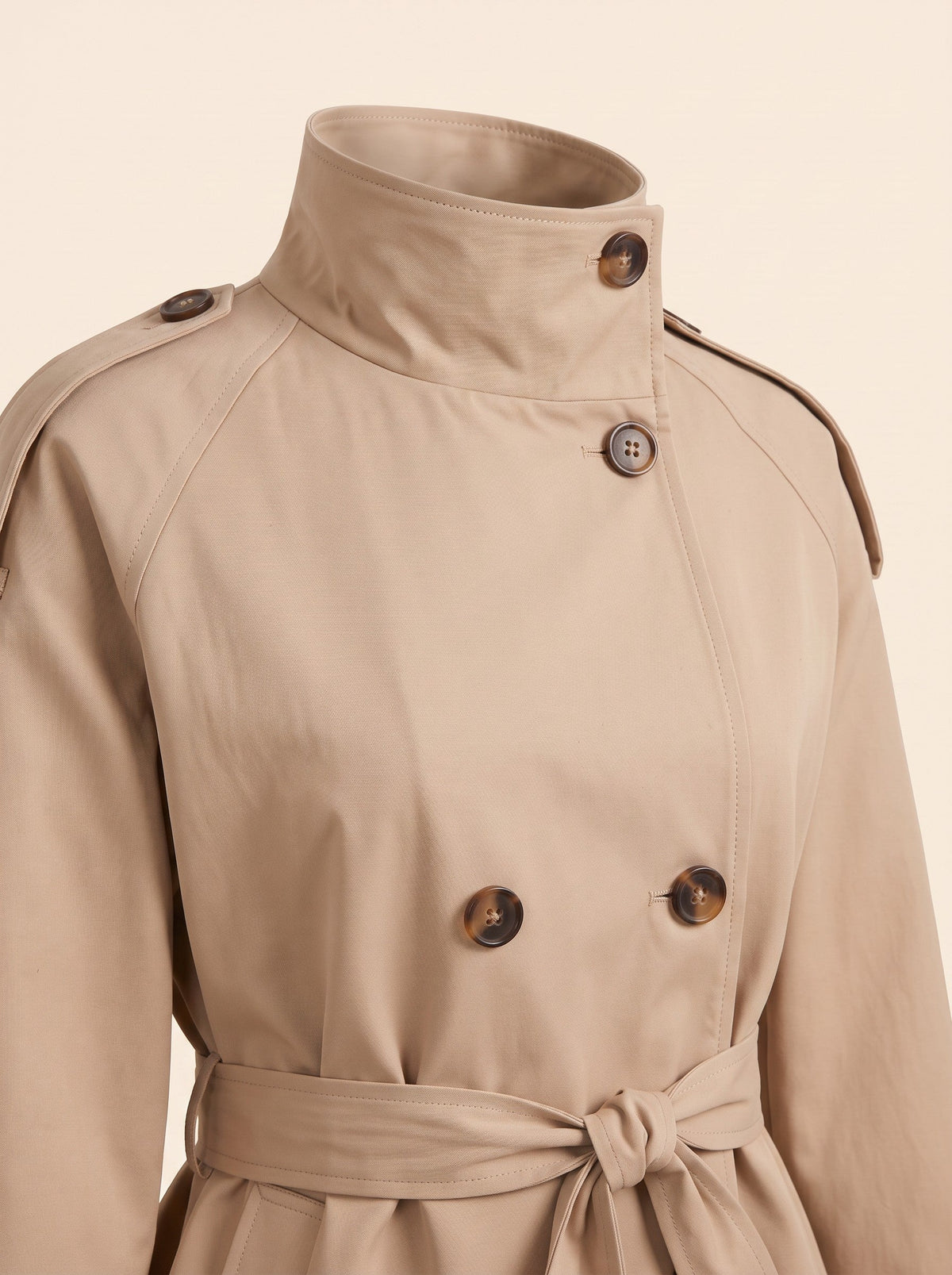 Women's Cropped Trench Coat – Beige – stand collar and belt detail