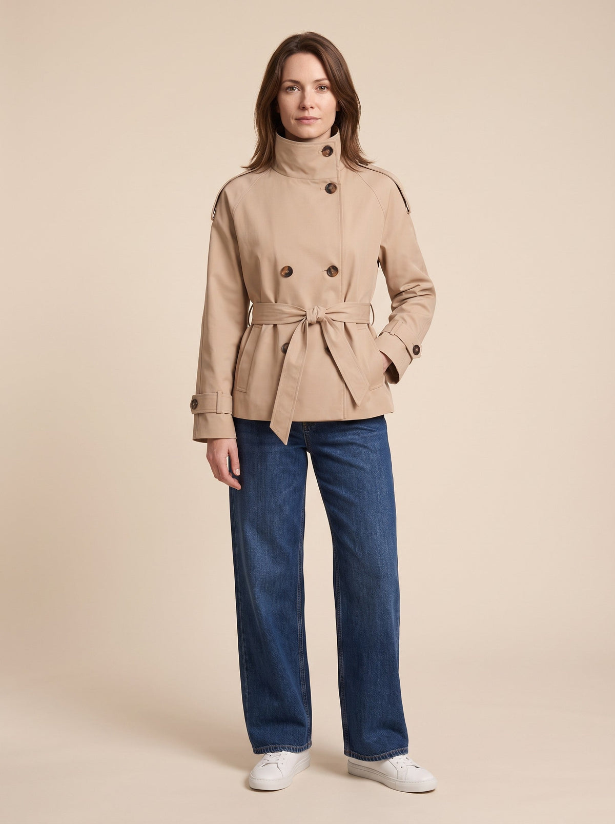 Women's Cropped Trench Coat – Beige – on model, front