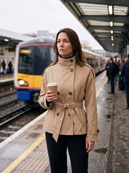 Women's Cropped Trench Coat – Beige – lifestyle, station platform