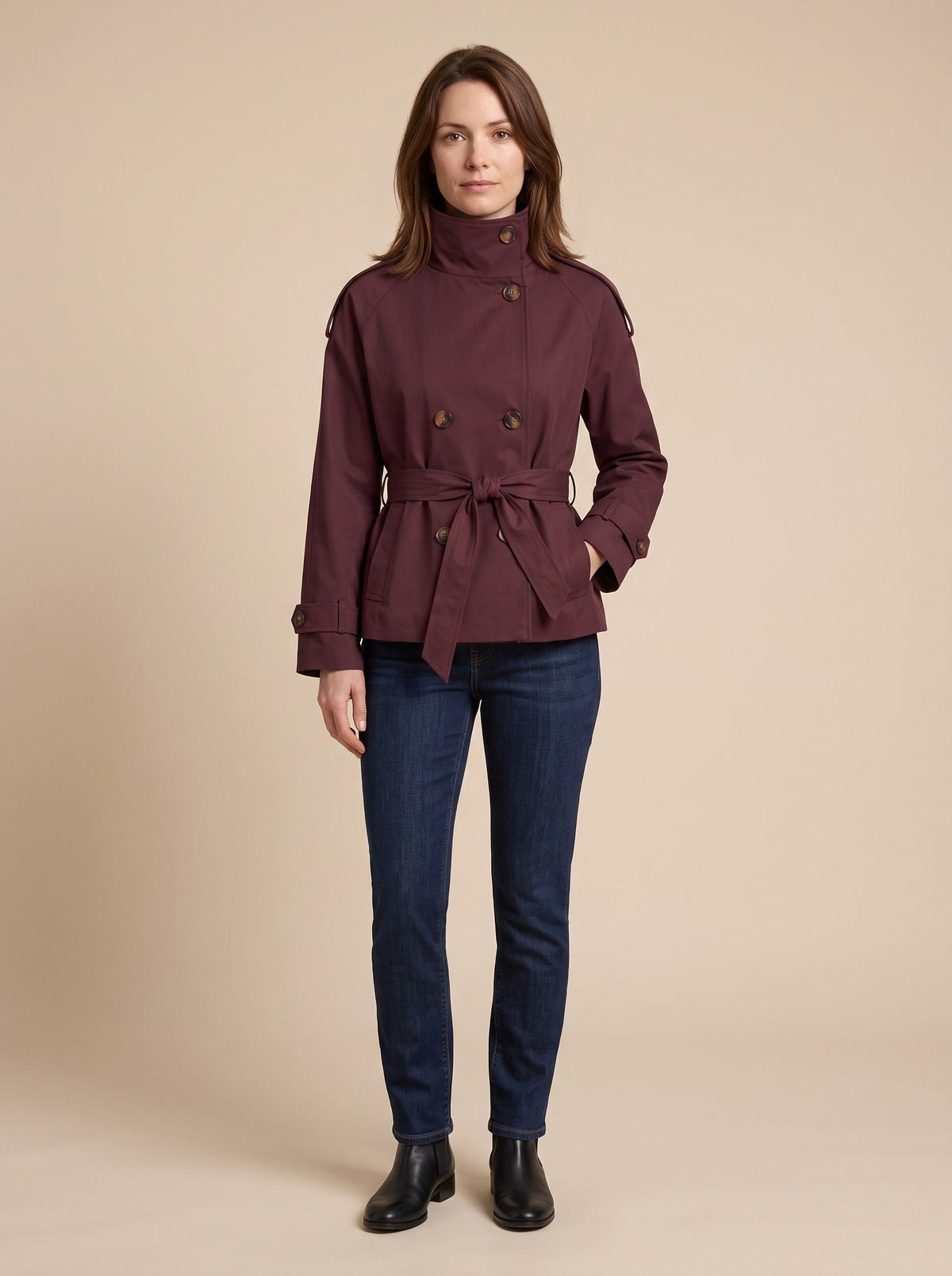 Women's Cropped Trench Coat – Burgundy – on model, front