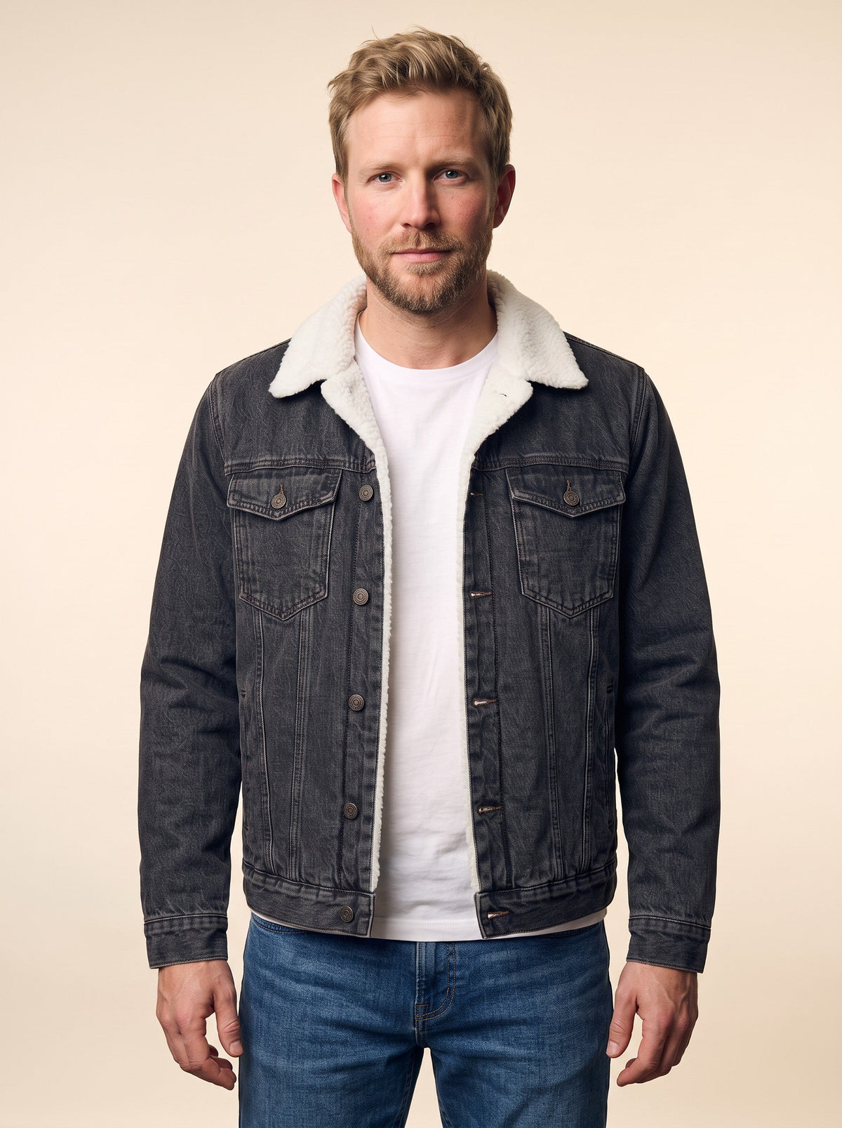 Men's Fleece Lined Denim Jacket – Black – on model