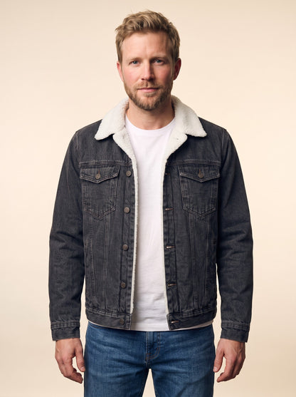 Men's Fleece Lined Denim Jacket – Black – on model