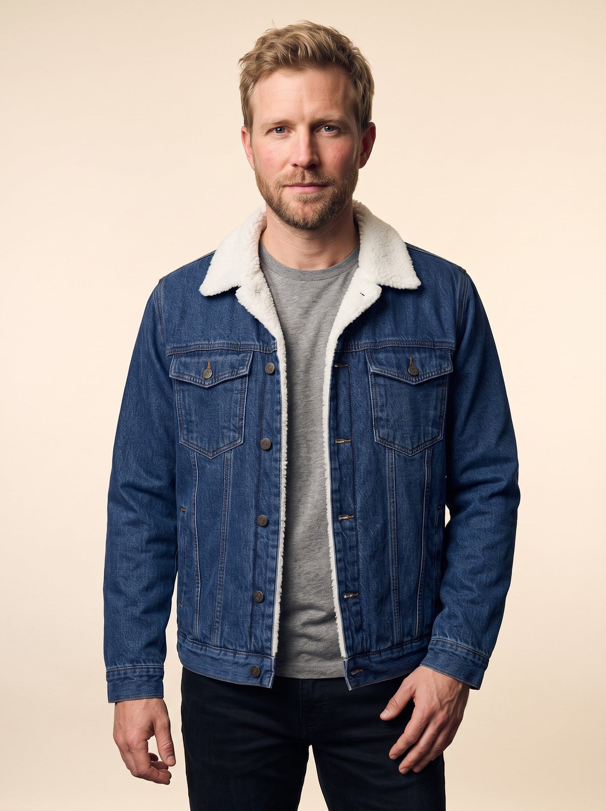 Men's Fleece Lined Denim Jacket – Dark Blue – on model