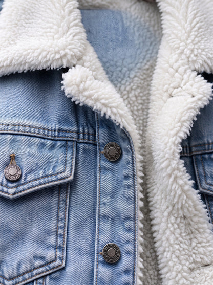 Men's Fleece Lined Denim Jacket – Light Blue – sherpa fleece collar and lining detail