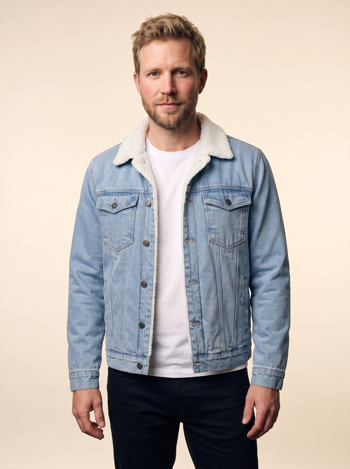 Men's Fleece Lined Denim Jacket – Light Blue – on model