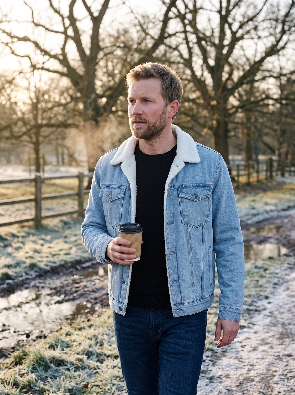 Men's Fleece Lined Denim Jacket – Light Blue – worn on a frosty park walk