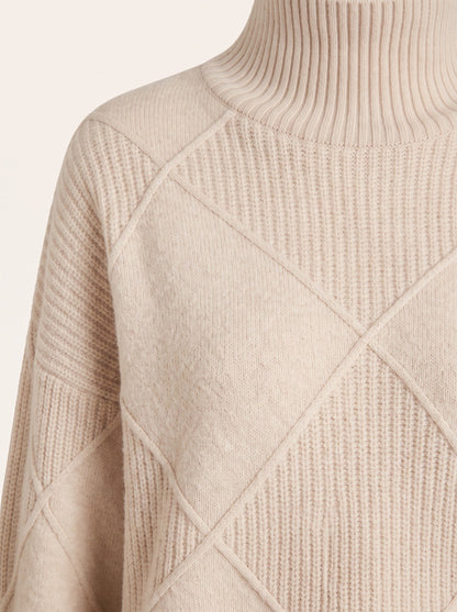 Women's Diamond Knit Turtleneck Jumper – Beige – diamond knit and turtleneck detail