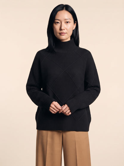 Women's Diamond Knit Turtleneck Jumper – Black – on model