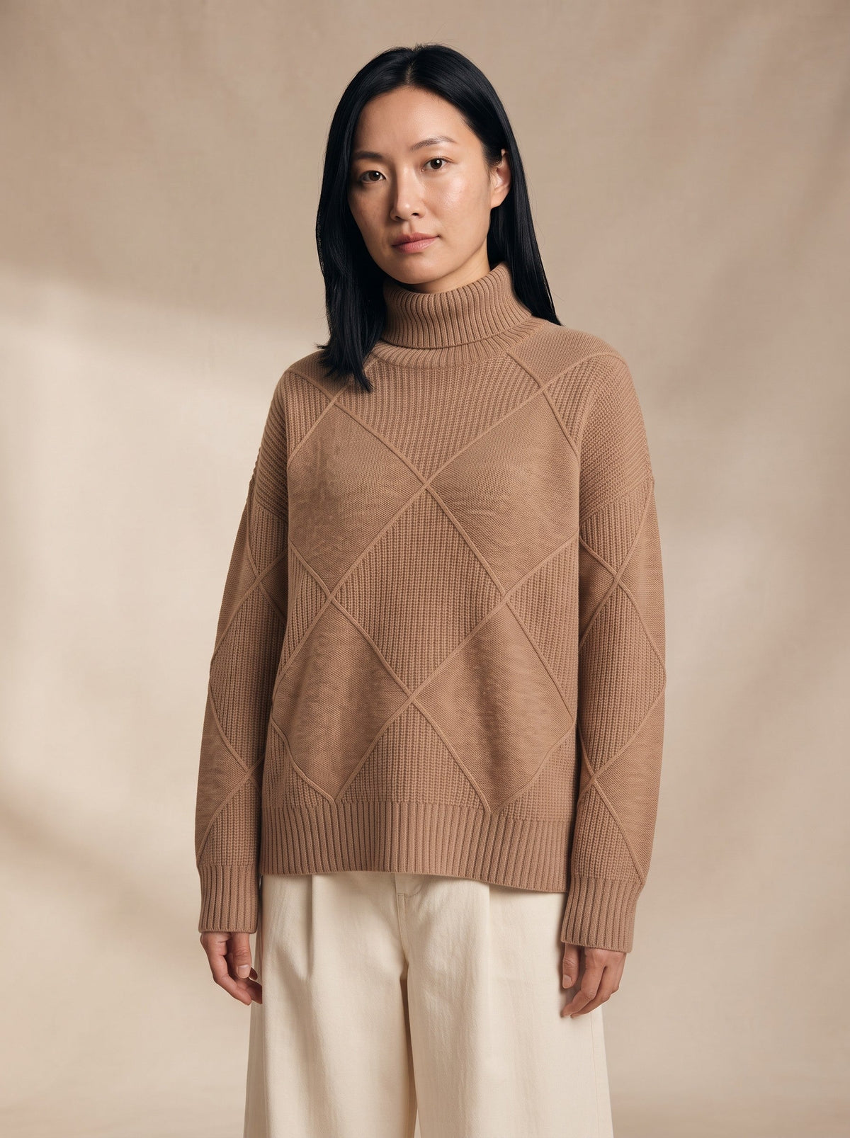 Women's Diamond Knit Turtleneck Jumper – Brown – on model