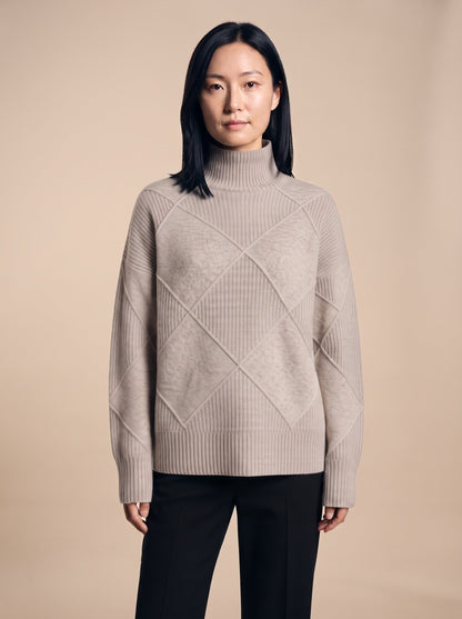 Women's Diamond Knit Turtleneck Jumper – Grey – on model