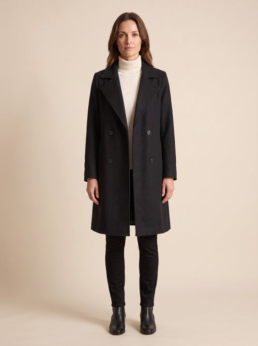 Women's Double-Breasted Wool Blend Coat – Black – front