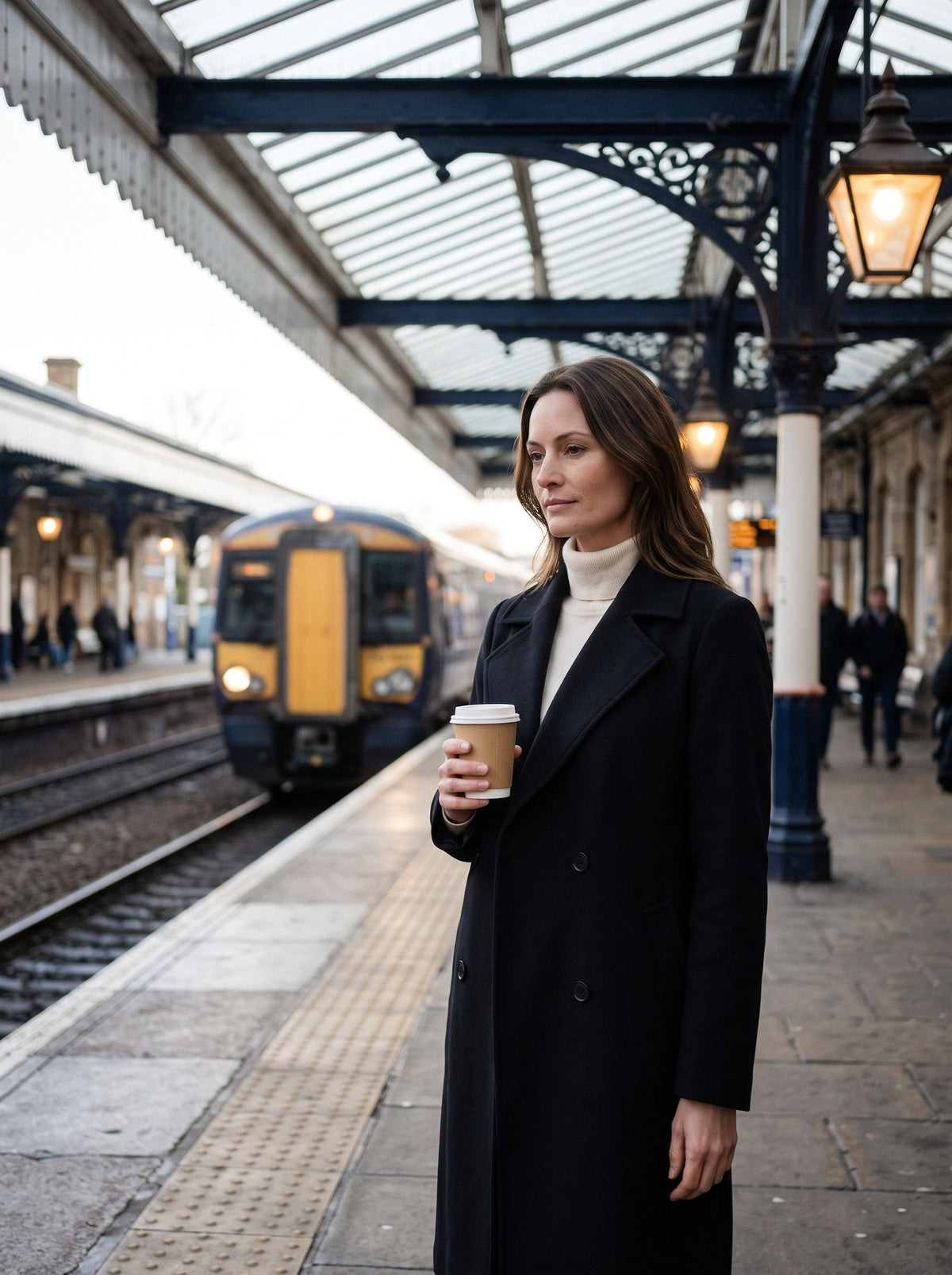 Women's Double-Breasted Wool Blend Coat – Black – station platform lifestyle