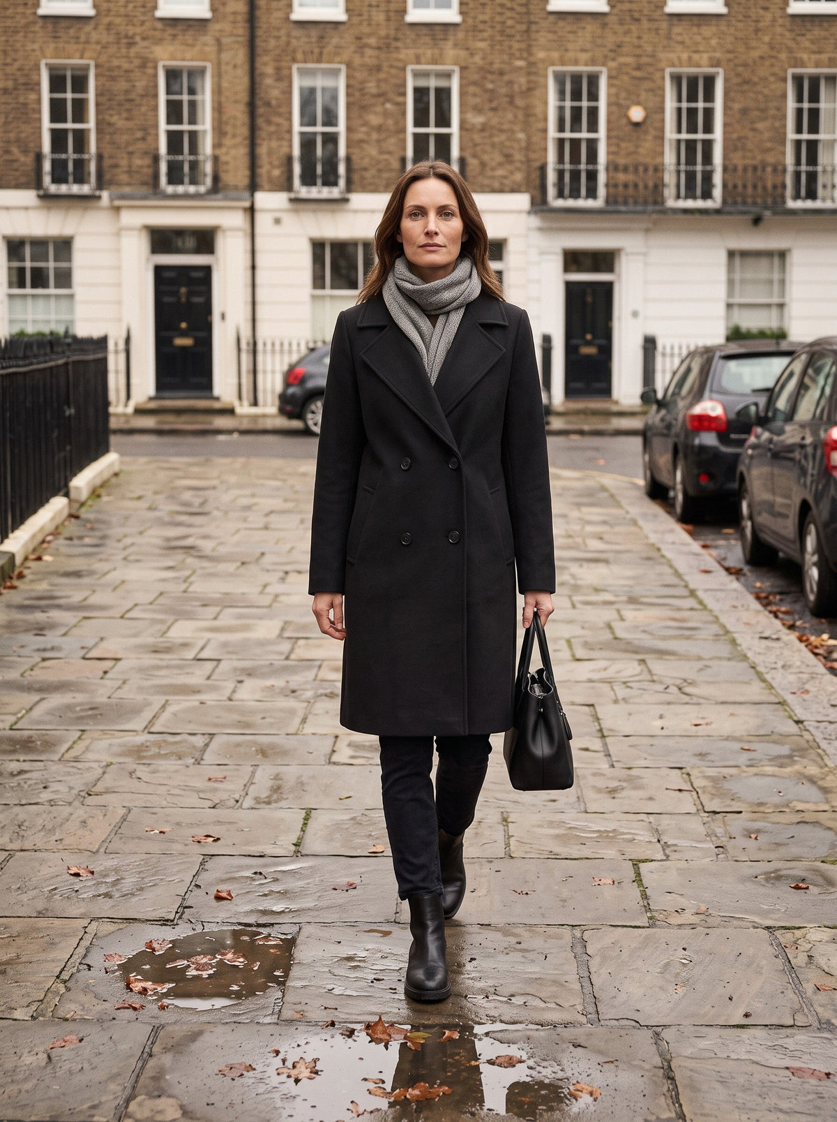 Women's Double-Breasted Wool Blend Coat – Black – London street lifestyle