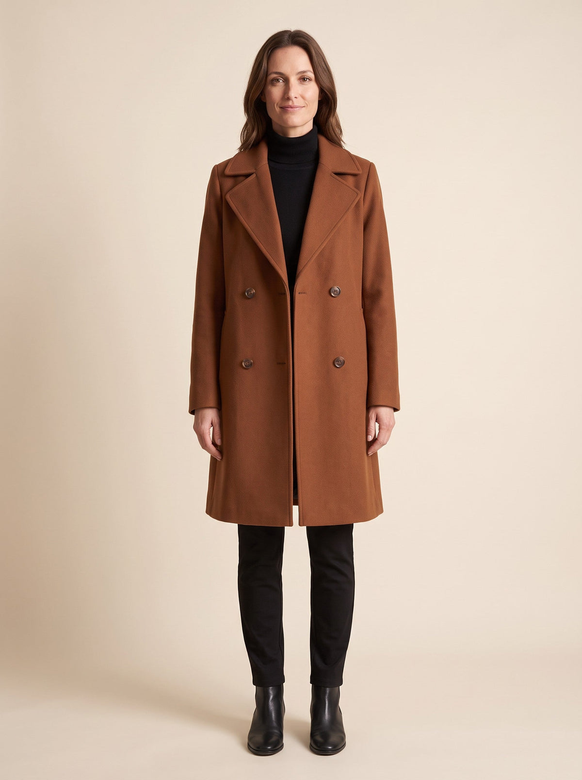 Women's Double-Breasted Wool Blend Coat – Brown – front