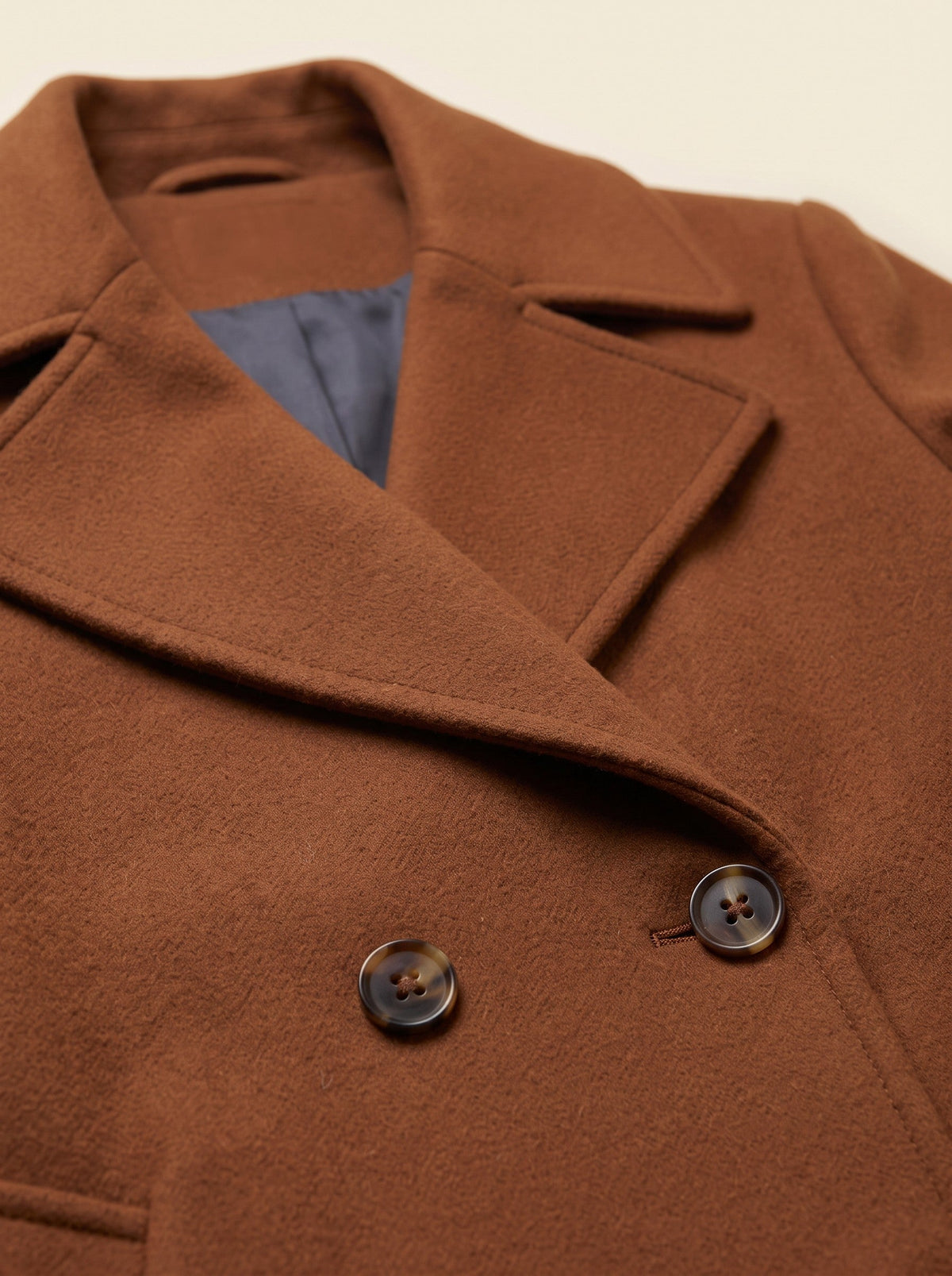 Women's Double-Breasted Wool Blend Coat – Brown – notched lapel and button detail
