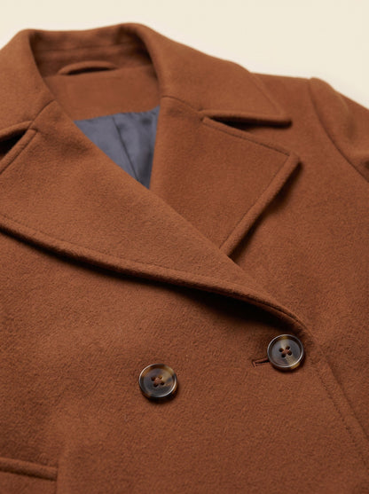 Women's Double-Breasted Wool Blend Coat – Brown – notched lapel and button detail