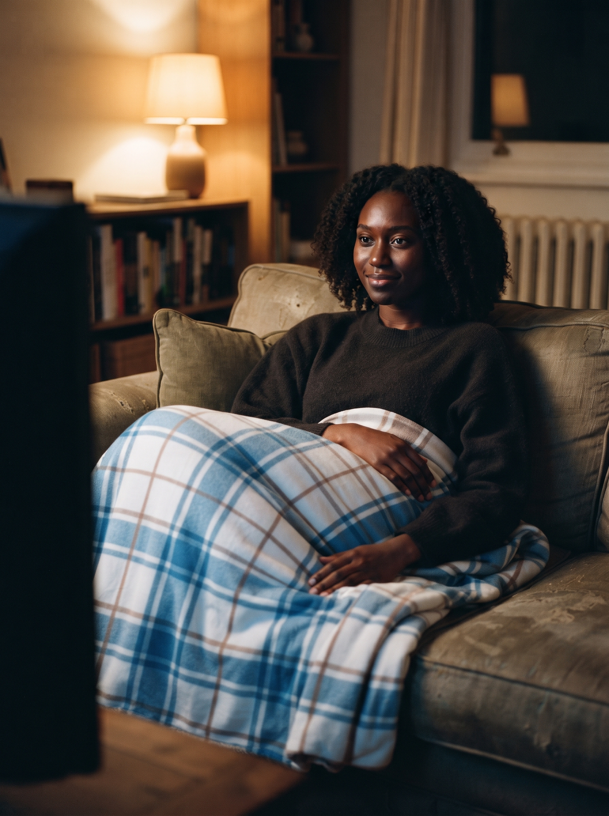 Electric Heated Blanket – Blue Check – on sofa
