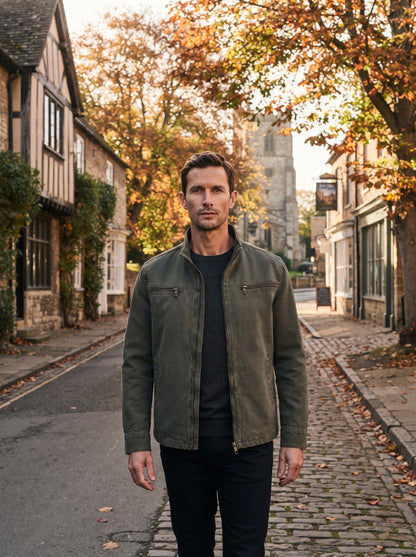 Men's Stand Collar Zip Jacket – Army Green – lifestyle