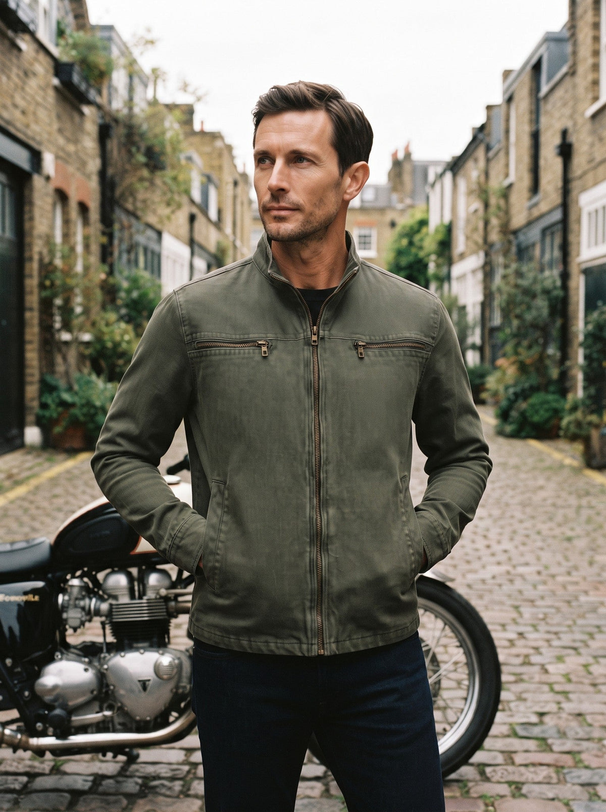 Men's Stand Collar Zip Jacket – Army Green – lifestyle