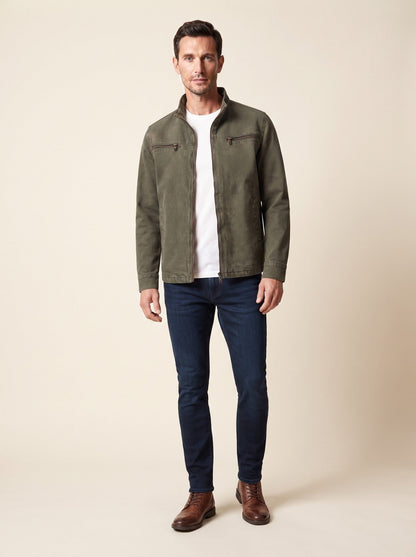 Men's Stand Collar Zip Jacket – Army Green – on model